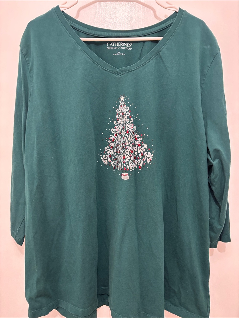 Catherines Teal V-Neck Long Sleeve Top with Festive Tree Sz 2X